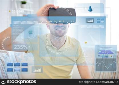 technology, augmented reality, big data and people concept - happy young man with virtual headset or 3d glasses looking at screens projection. young man in virtual reality headset or 3d glasses