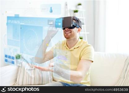 technology, augmented reality, big data and people concept - happy young man with virtual headset or 3d glasses and screens projection. young man in virtual reality headset or 3d glasses