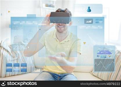 technology, augmented reality, big data and people concept - happy young man with virtual headset or 3d glasses and screens projection. young man in virtual reality headset or 3d glasses