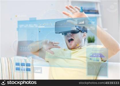 technology, augmented reality, big data and people concept- scared young man with virtual headset or 3d glasses and screens projection. young man in virtual reality headset or 3d glasses