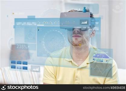 technology, augmented reality, big data and people concept - young man with virtual headset or 3d glasses looking at screens projection. young man in virtual reality headset or 3d glasses