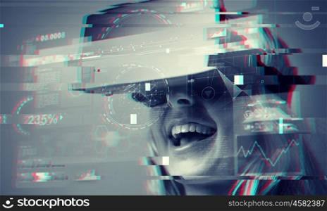 technology, augmented reality, cyberspace and people concept - close up of young woman with virtual headset or 3d glasses and screen projection. close up of woman in virtual reality headset. close up of woman in virtual reality headset