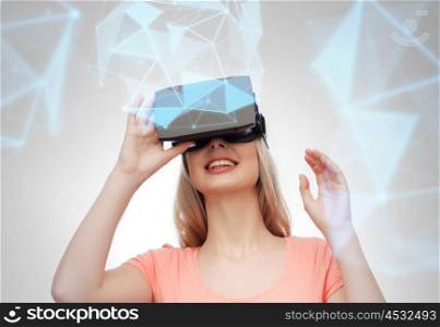 technology, augmented reality, cyberspace and people concept - happy young woman in headset or 3d glasses looking at virtual projection of low poly shape