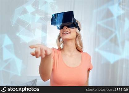 technology, augmented reality, cyberspace and people concept - happy young woman with headset or 3d glasses looking at virtual projection of low poly shape
