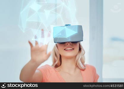 technology, augmented reality, cyberspace and people concept - happy young woman with headset or 3d glasses playing game at home looking at virtual projection of low poly shape