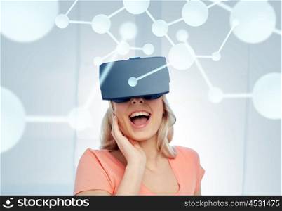technology, augmented reality, cyberspace, entertainment and people concept - happy amazed young woman with virtual headset or 3d glasses at home looking at projection of molecule