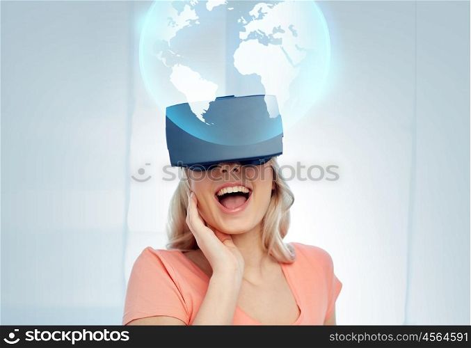 technology, augmented reality, cyberspace, entertainment and people concept - happy amazed young woman with virtual headset or 3d glasses looking at projection of earth globe