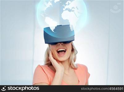 technology, augmented reality, cyberspace, entertainment and people concept - happy amazed young woman with virtual headset or 3d glasses looking at projection of earth globe