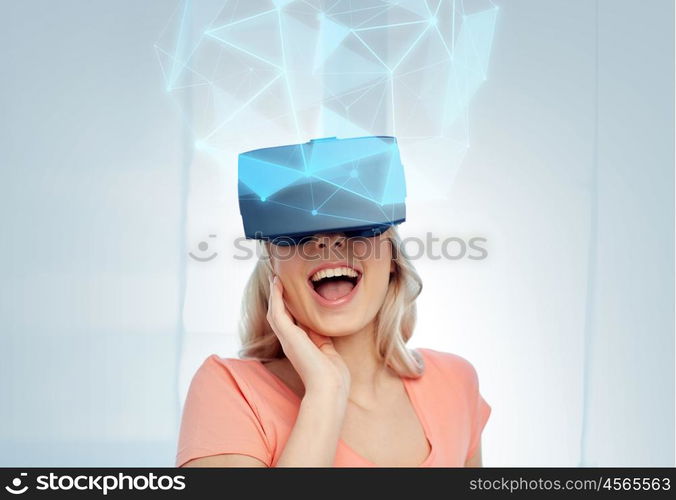 technology, augmented reality, cyberspace, entertainment and people concept - happy amazed young woman with headset or 3d glasses looking at virtual projection of low poly shape