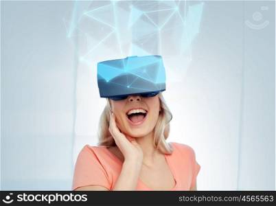 technology, augmented reality, cyberspace, entertainment and people concept - happy amazed young woman with headset or 3d glasses looking at virtual projection of low poly shape
