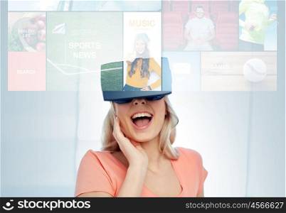 technology, augmented reality, cyberspace, entertainment and people concept - happy amazed young woman with virtual headset or 3d glasses at home looking at news projection
