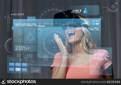 technology, augmented reality, cyberspace, entertainment and people concept - happy amazed young woman with virtual headset or 3d glasses at home and screen projection. woman in virtual reality headset or 3d glasses