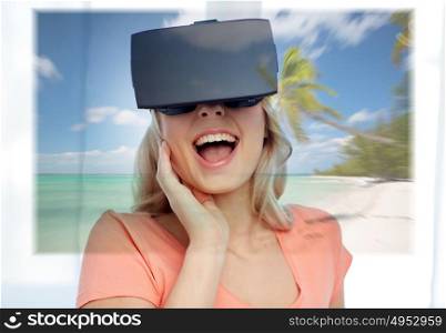 technology, augmented reality, cyberspace, entertainment and people concept - happy amazed young woman wearing virtual headset or 3d glasses with exotic tropical beach projection. woman with virtual reality headset over beach