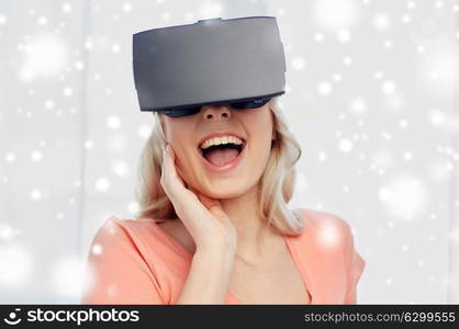 technology, augmented reality, cyberspace, entertainment and people concept - happy amazed young woman with virtual headset or 3d glasses at home. woman in virtual reality headset or 3d glasses