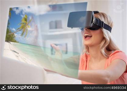 technology, augmented reality, cyberspace, entertainment and people concept - happy young woman wearing virtual headset or 3d glasses with exotic tropical beach projection at home. woman with virtual reality headset over beach