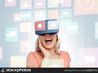 technology, augmented reality, cyberspace, multimedia and people concept - happy amazed young woman with virtual headset or 3d glasses at home looking at menu icons