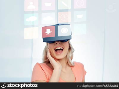 technology, augmented reality, cyberspace, multimedia and people concept - happy amazed young woman with virtual headset or 3d glasses at home looking at menu icons