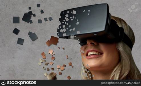 technology, augmented reality, entertainment and people concept - close up of young woman with virtual headset or 3d glasses and pixels over gray background. close up of woman in virtual reality headset
