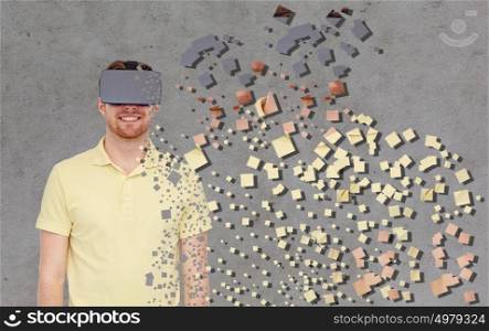 technology, augmented reality, entertainment and people concept - happy young man with virtual headset or 3d glasses and pixels over gray background. happy man in virtual reality headset or 3d glasses