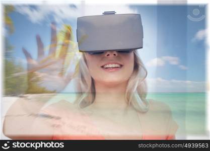 technology, augmented reality, entertainment and people concept - happy young woman wearing virtual headset or 3d glasses with exotic tropical beach projection. woman with virtual reality headset over beach