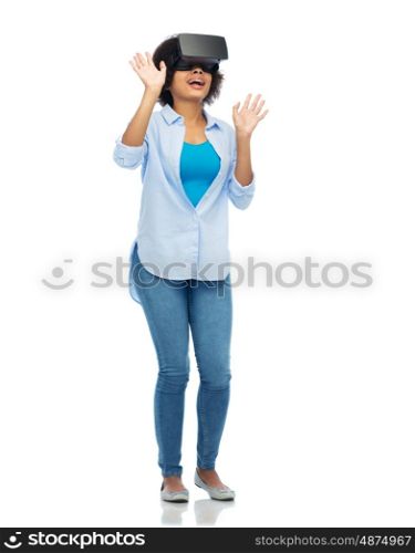 technology, augmented reality, entertainment and people concept - happy young woman with virtual headset or 3d glasses