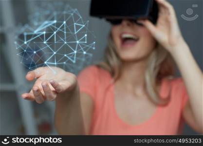 technology, augmented reality, entertainment and people concept - happy young woman with virtual headset or 3d glasses and low poly projection. happy woman in virtual reality headset or glasses