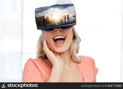 technology, augmented reality, entertainment and people concept - happy young woman with virtual headset or 3d glasses playing video game with singapore city on screen. woman in virtual reality headset or 3d glasses. woman in virtual reality headset or 3d glasses