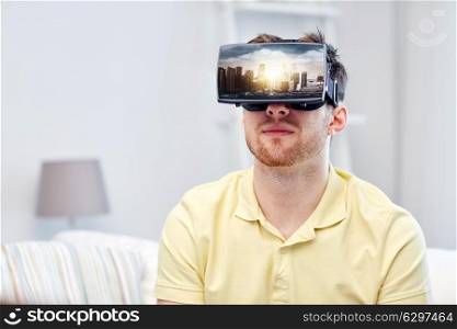 technology, augmented reality, entertainment and people concept - young man with virtual headset or 3d glasses playing video game with singapore city on screen. man in virtual reality headset or 3d glasses. man in virtual reality headset or 3d glasses