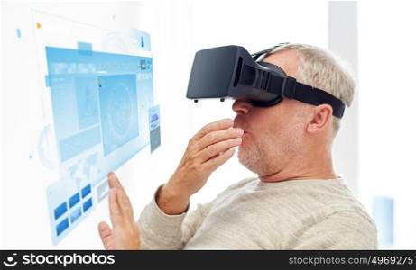 technology, augmented reality, gaming, entertainment and people concept - senior man in headset or 3d glasses with virtual screens. old man in virtual reality headset or 3d glasses