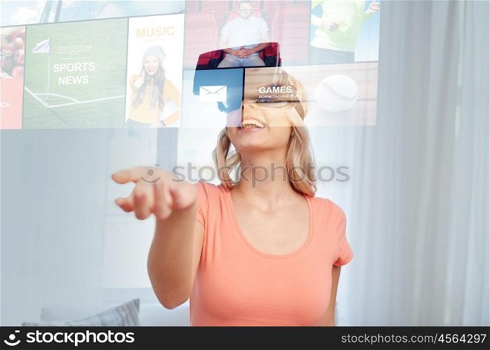 technology, augmented reality, media and people concept - happy young woman with virtual headset or 3d glasses looking at news projection
