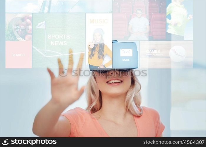 technology, augmented reality, media and people concept - happy young woman with virtual headset or 3d glasses looking at news projection