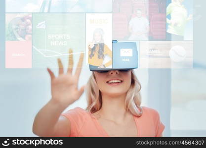 technology, augmented reality, media and people concept - happy young woman with virtual headset or 3d glasses looking at news projection