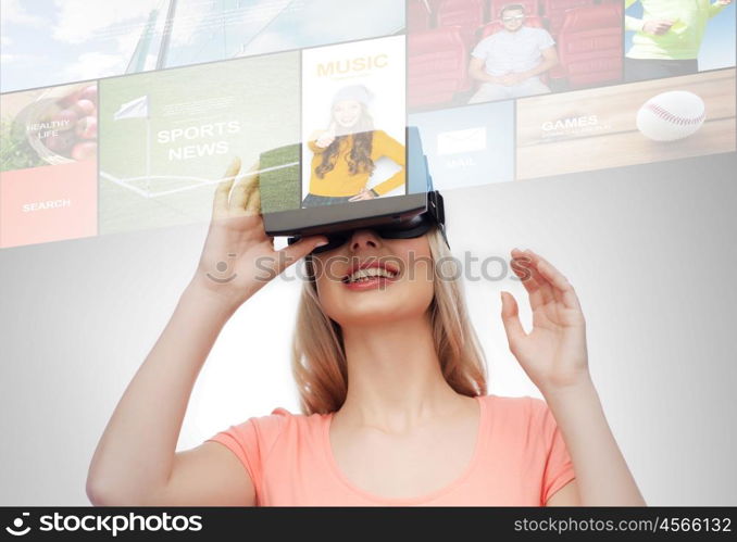 technology, augmented reality, media and people concept - happy young woman with virtual headset or 3d glasses looking at news projection