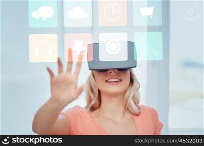 technology, augmented reality, multimedia and people concept - happy young woman with virtual headset or 3d glasses looking at menu icons