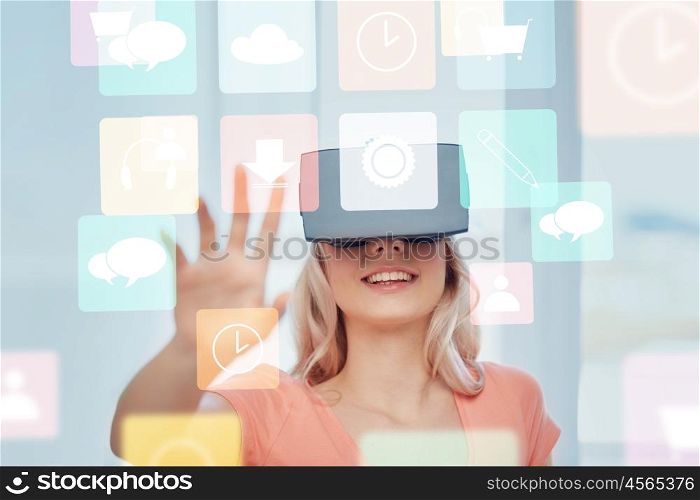 technology, augmented reality, multimedia and people concept - happy young woman with virtual headset or 3d glasses looking at menu icons