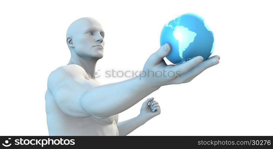 Technology Automation with Android Robot Holding Globe. Technology Automation