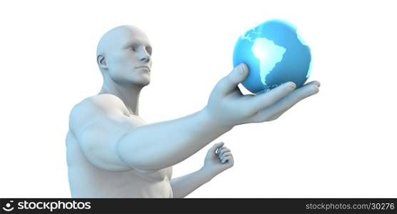 Technology Automation with Android Robot Holding Globe. Technology Automation