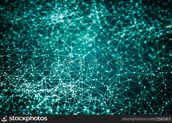 Technology background. Abstract connection lines and dots with light on blue background. Selective focus and motion blur.