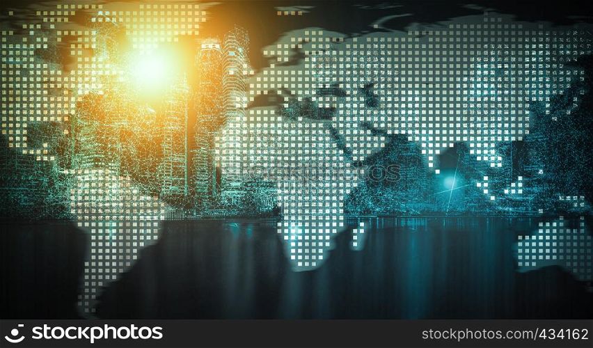 Technology background. Digital world map with technology icons on blurred blue background.