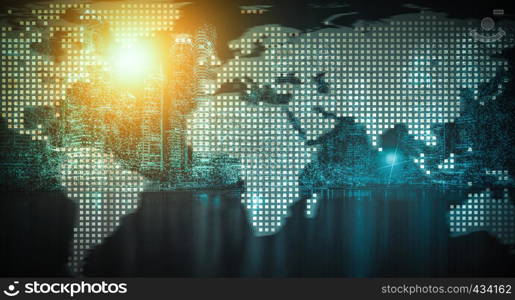 Technology background. Digital world map with technology icons on blurred blue background.