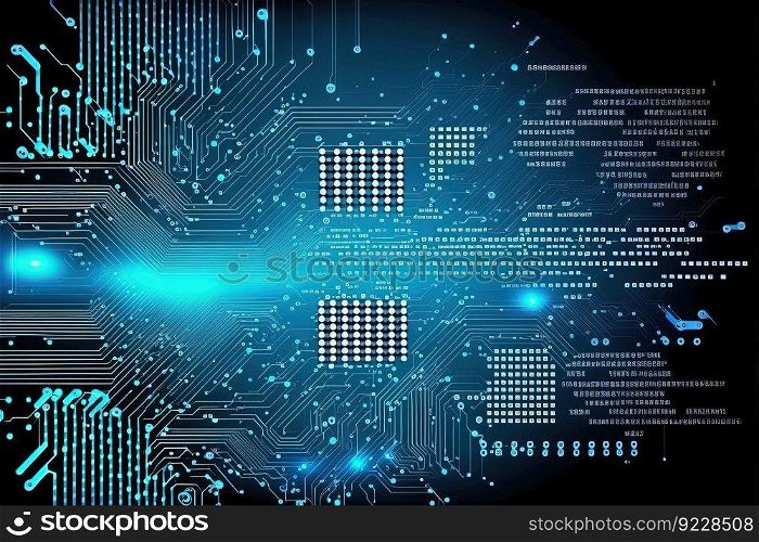 Technology background with abstract digital code cyberspace. Abstract high tech blue neon background for communication concept in cyber space matrix. Generative AI. Abstract digital code technology neon background in cyberspace matrix. Generative AI