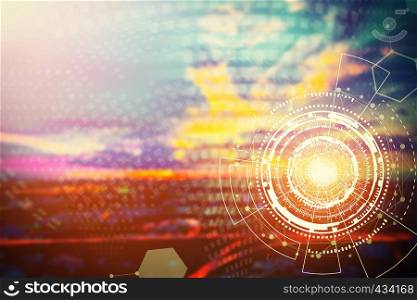 Technology background with modern icons, lines and connection dots with free space of blurred sunset sky background.