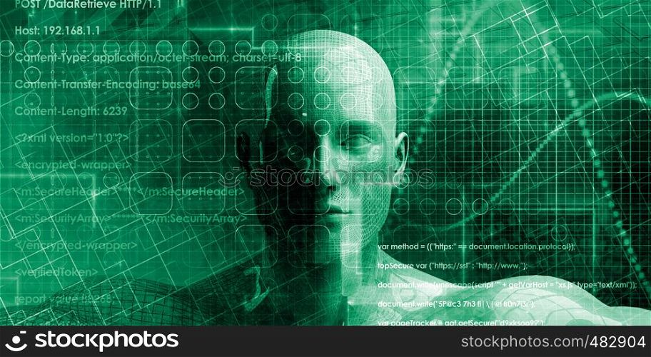 Technology Bcakground with Humanoid Face and Coding Wallpaper. Technology Background