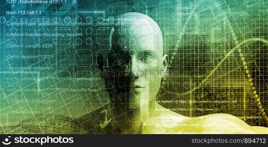 Technology Bcakground with Humanoid Face and Coding Wallpaper. Technology Background