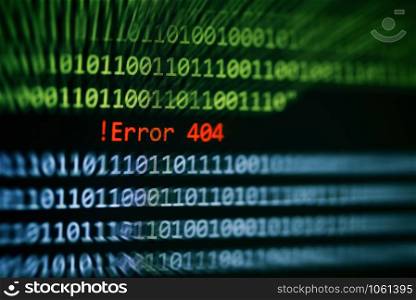 Technology binary code number data alert ! Error 404 message on display screen / Computer network system problem error software concept - selective focus
