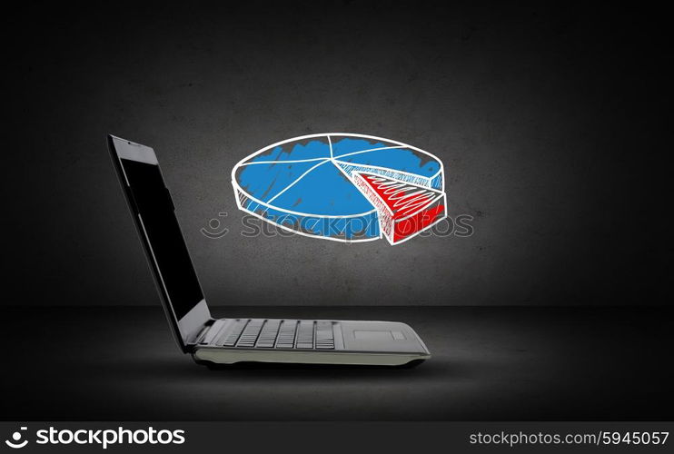 technology, business and statistics concept - open laptop computer with pie chart doodle over dark gray background