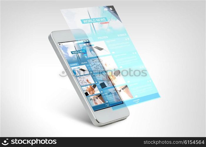 technology, business, electronics, internet and mass media concept - white smarthphone with world news web page on screen