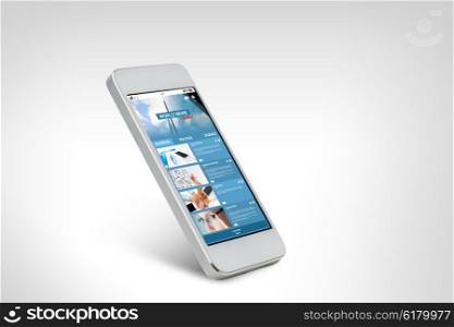 technology, business, electronics, internet and mass media concept - white smarthphone with world news web page on screen