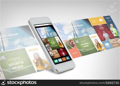 technology, business, electronics, internet and media concept - white smarthphone with news web page and application icons on screen