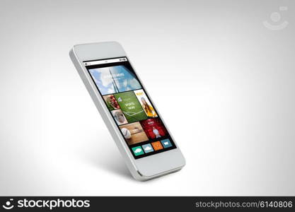 technology, business, electronics, internet and media concept - white smarthphone with news web page and application icons on screen